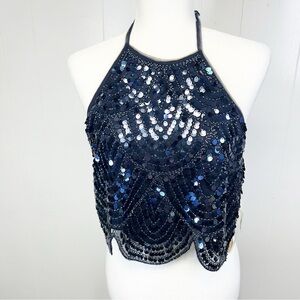 NWT Verte Navy Sequin and Beaded Cropped Halter Top Medium